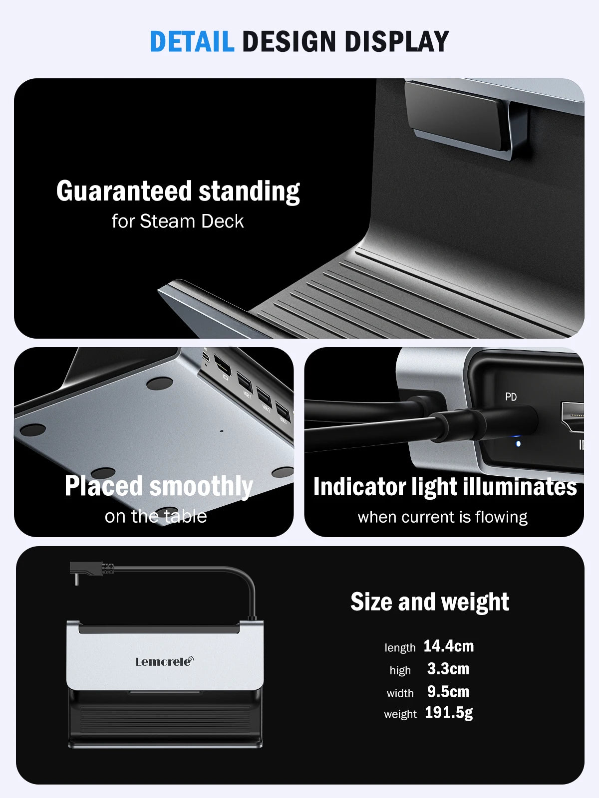 Lemorele Steam Deck Dock Console with USB-C to HDMI PD100W Gigabit Ethernet Console Hub Holder