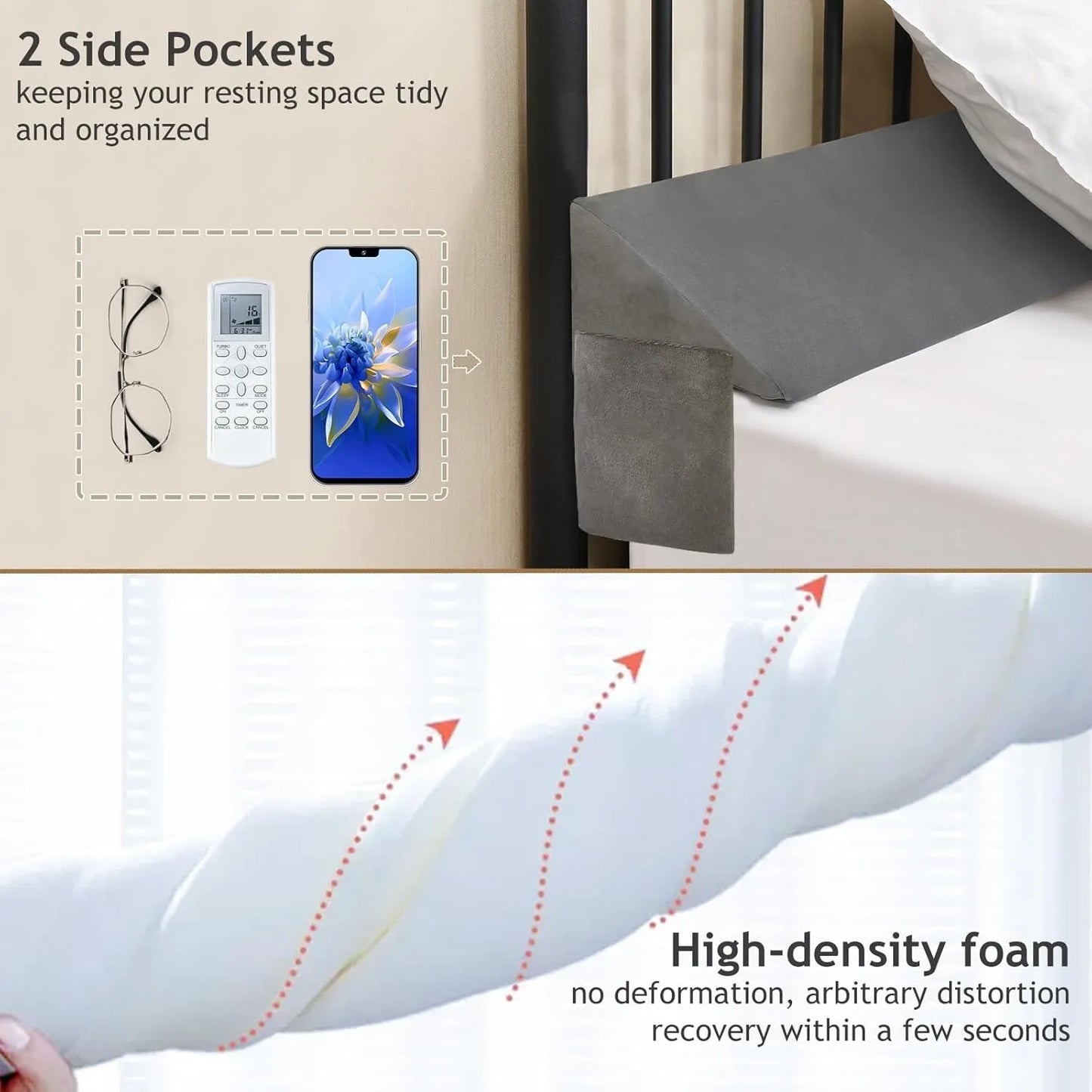 King Bed Wedge Pillow for Headboard Gap Filler(0-5"),High-Density Foam,Prevents Pillows & Items Loss,Ergonomic Design,Pockets