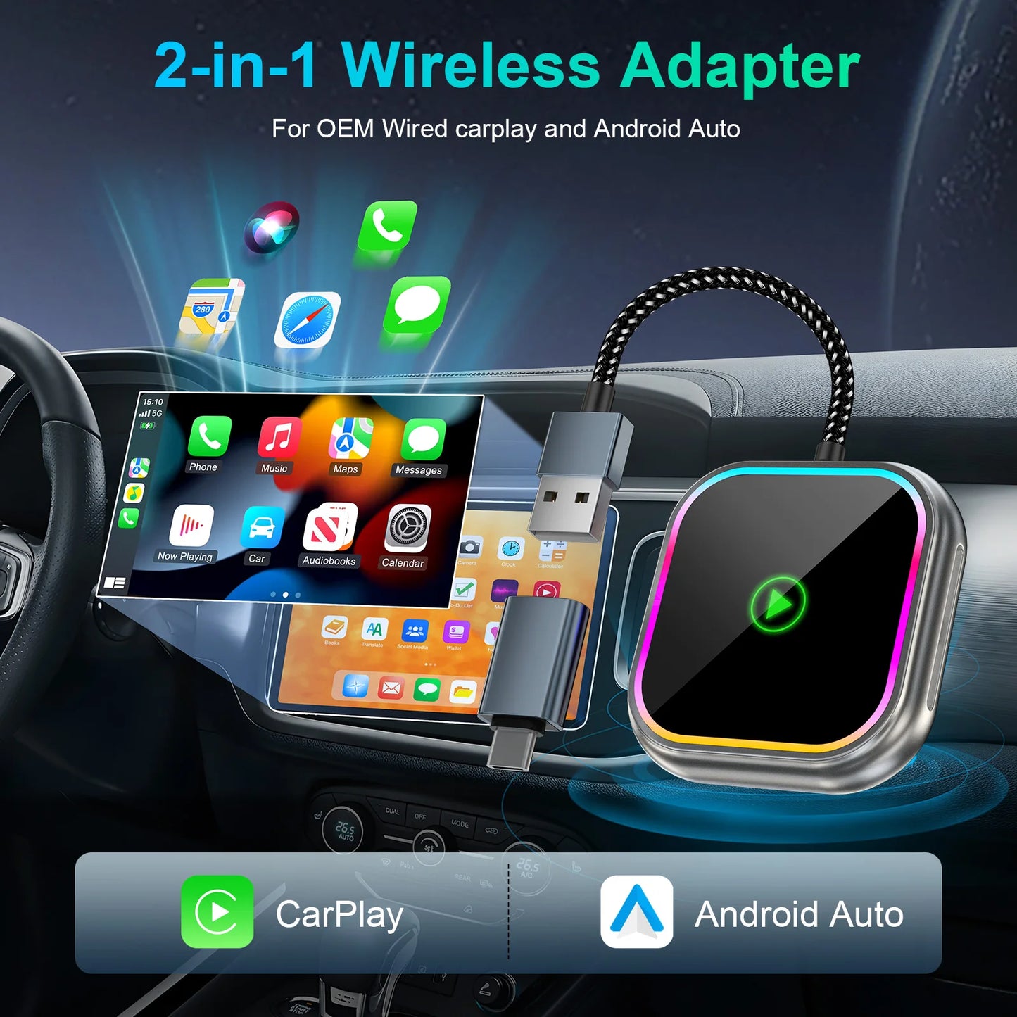 2025 New iPhone Wireless Carplay Adapter Mini Android Auto Adapter Plug & Play Apple Carplay Dongle Wifi Bluetooth Connected