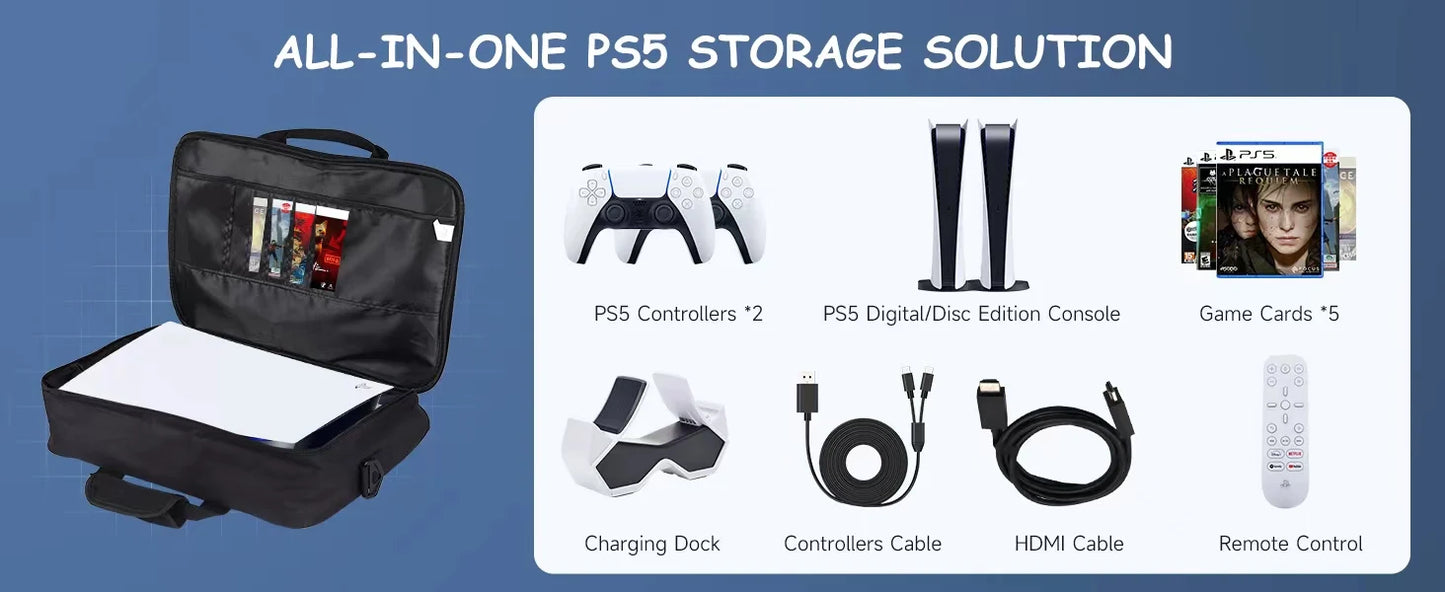 Light-duty PS5 Travel Case Bag Suitable for PS5 Disc/Digital Edition Console, Controllers, Games and Headset