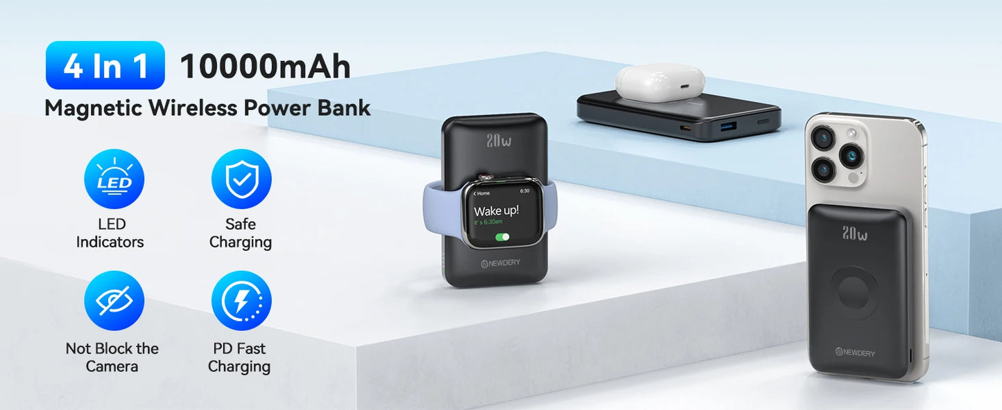 10000mAh Wireless Power Bank for iPhone MagSafe and Apple Watch 4-Ultra 2