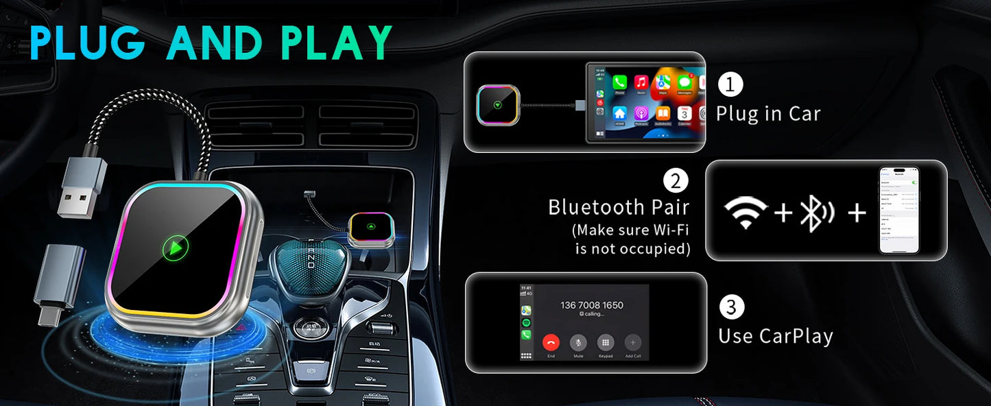 2025 New iPhone Wireless Carplay Adapter Mini Android Auto Adapter Plug & Play Apple Carplay Dongle Wifi Bluetooth Connected
