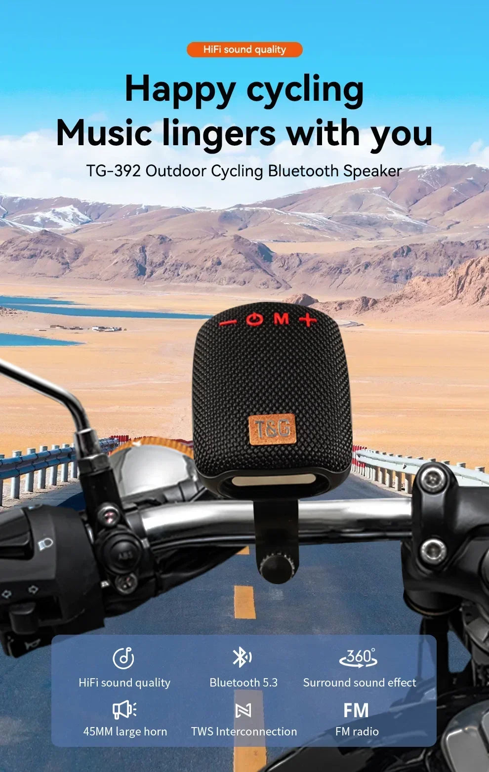 TG392 Outdoor Bicycle Portable Mini Bluetooth Speaker Waterproof FM Radio Supports TWS/TF/AUX Subwoofer Bicycle Wireless Speaker