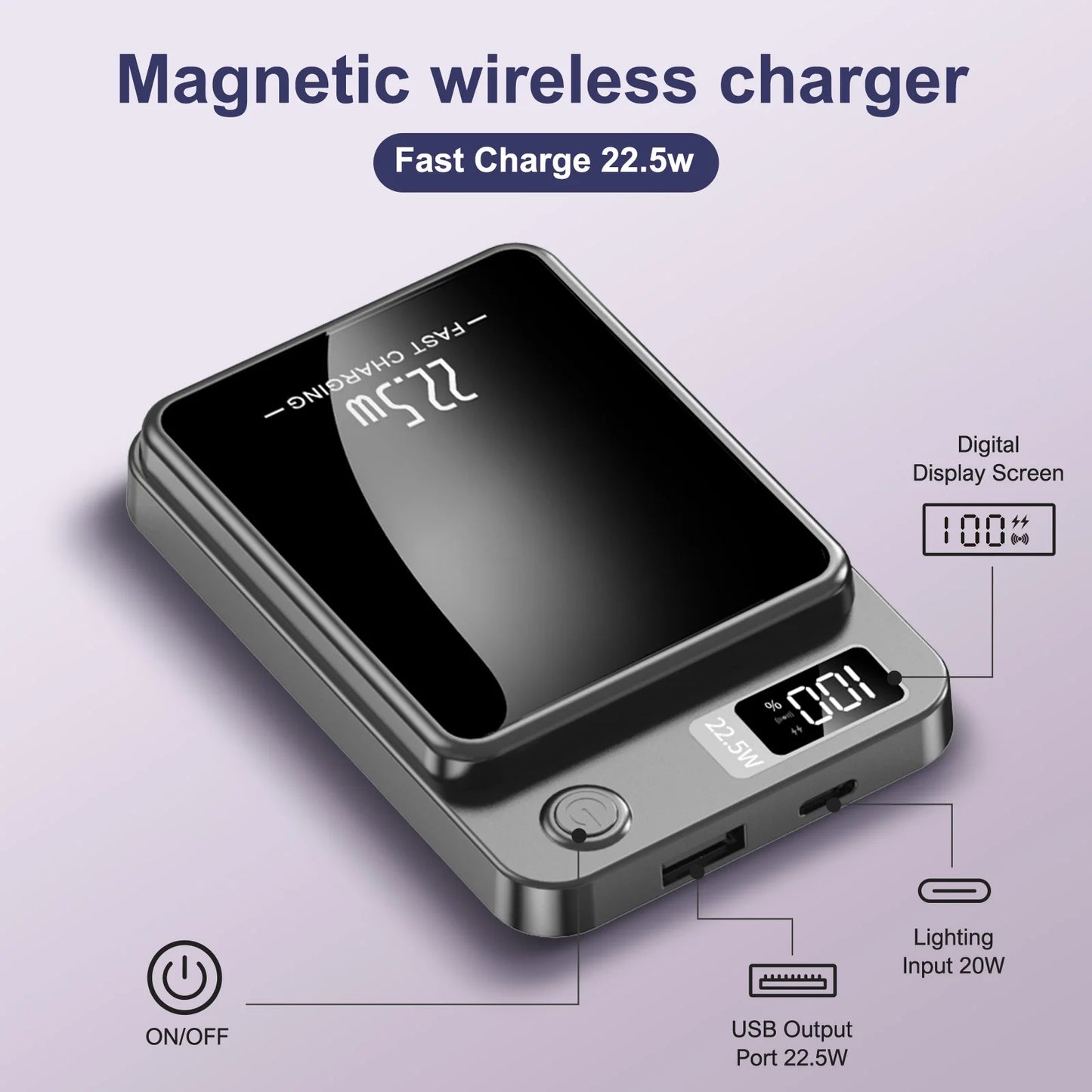 10000mAh Magnetic Charger Power Bank Wireless 22.5W USB-C Foldable Stand LED Display For IPhone 16/15/14/13/12