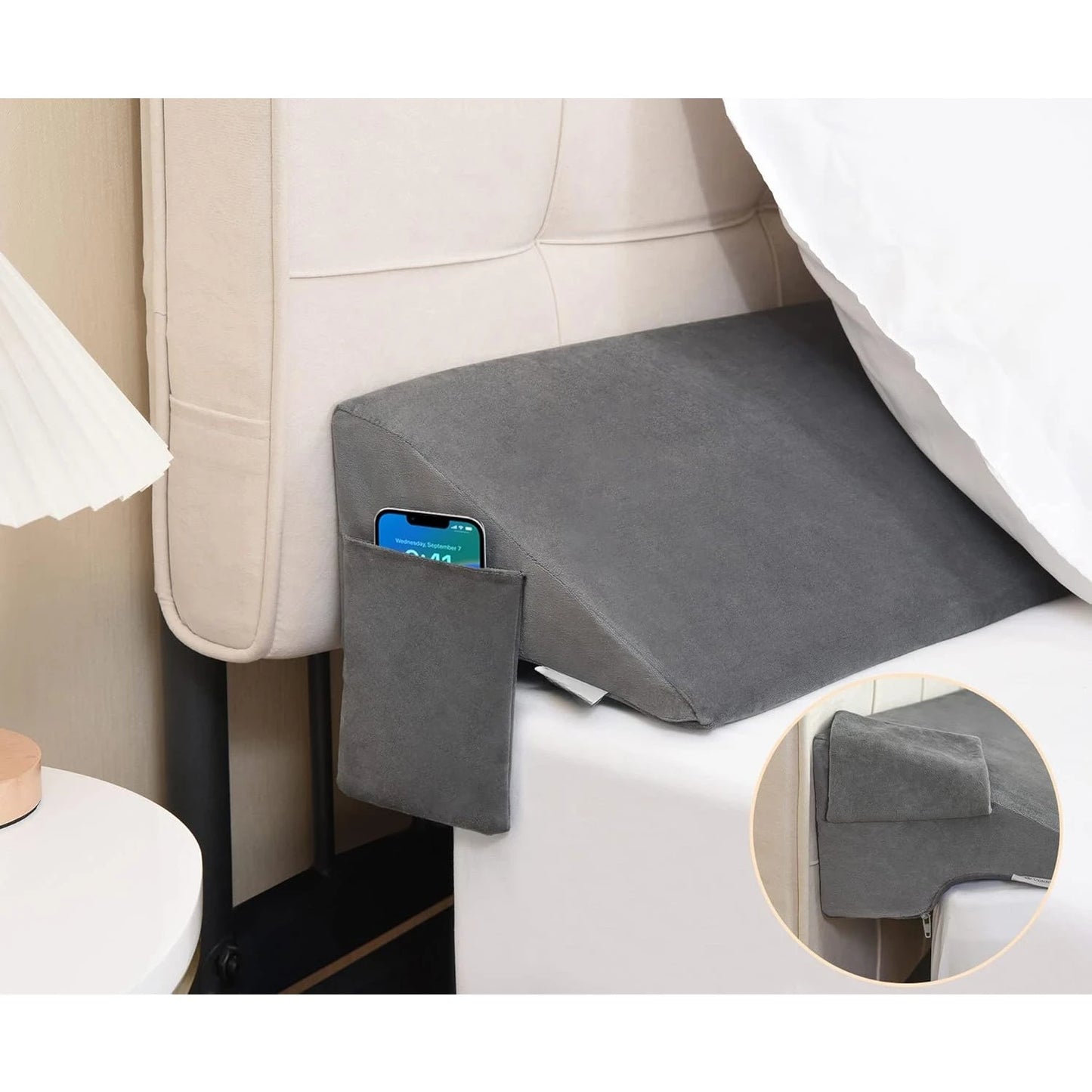 King Bed Wedge Pillow for Headboard Gap Filler(0-5"),High-Density Foam,Prevents Pillows & Items Loss,Ergonomic Design,Pockets