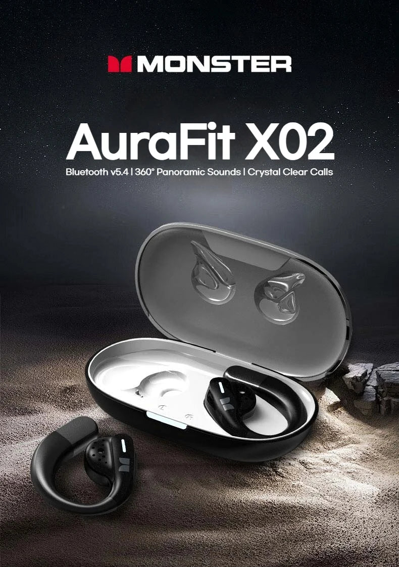 Monster AuraFit X02 Open Ear Bluetooth 5.4 Earphones 360° Stereo Sound Air Conduction Headphones OWS Bluetooth Ear Hook Ear Buds
