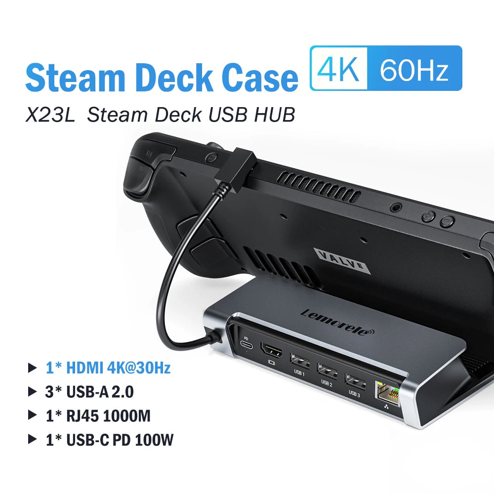 Lemorele Steam Deck Dock Console with USB-C to HDMI PD100W Gigabit Ethernet Console Hub Holder