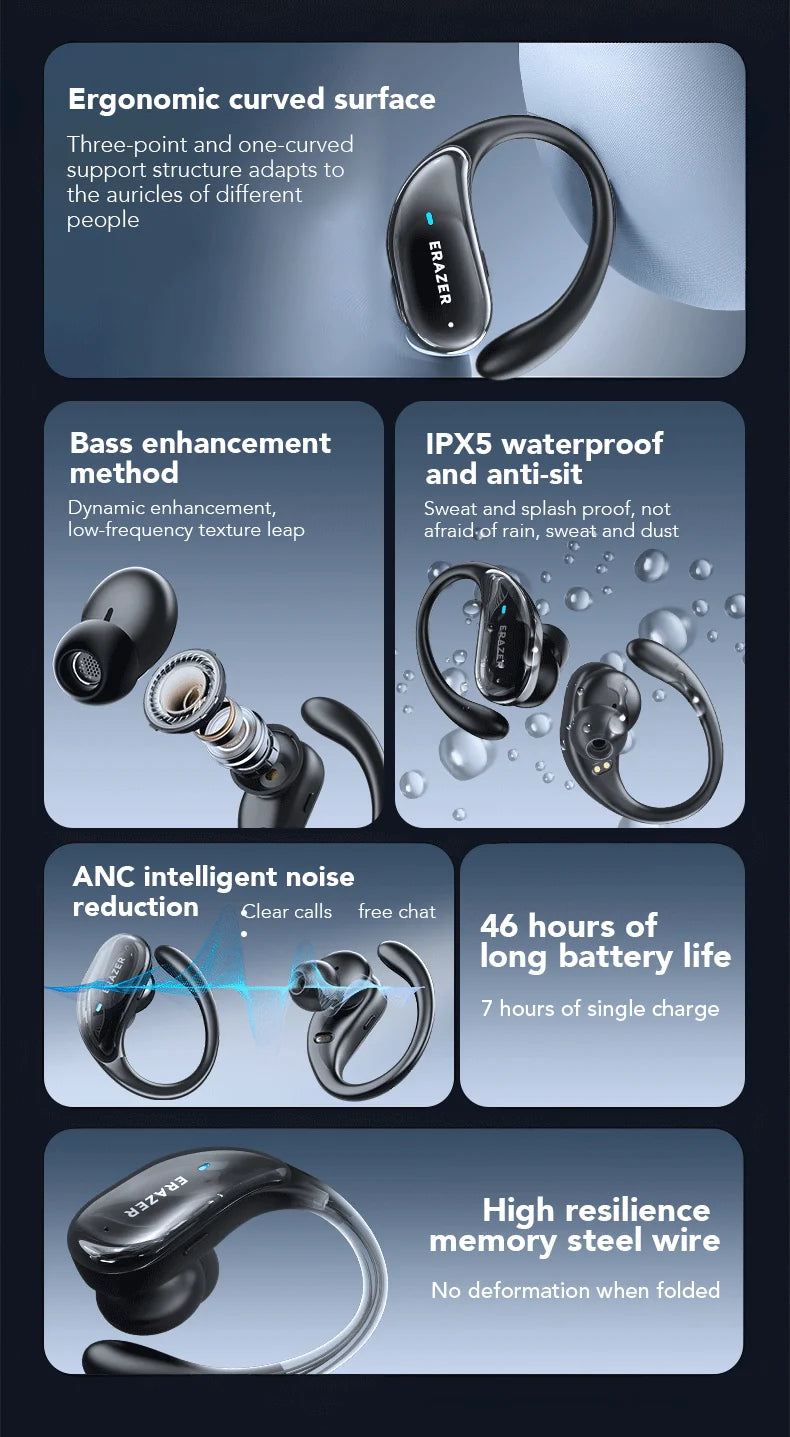 ERAZER XT80 Pro Sports Wireless Headphones with Mics, Button Control, LED Power Display,Hifi Stereo Sound