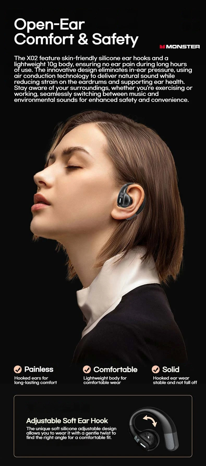 Monster AuraFit X02 Open Ear Bluetooth 5.4 Earphones 360° Stereo Sound Air Conduction Headphones OWS Bluetooth Ear Hook Ear Buds