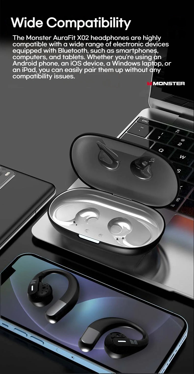Monster AuraFit X02 Open Ear Bluetooth 5.4 Earphones 360° Stereo Sound Air Conduction Headphones OWS Bluetooth Ear Hook Ear Buds