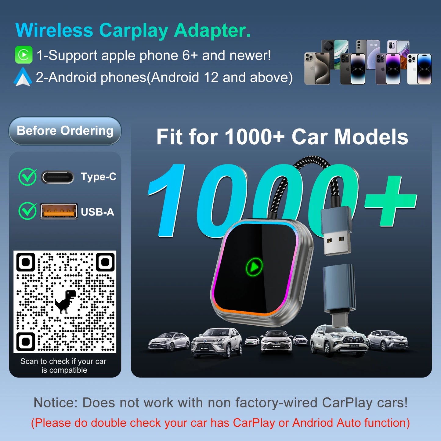 2025 New iPhone Wireless Carplay Adapter Mini Android Auto Adapter Plug & Play Apple Carplay Dongle Wifi Bluetooth Connected