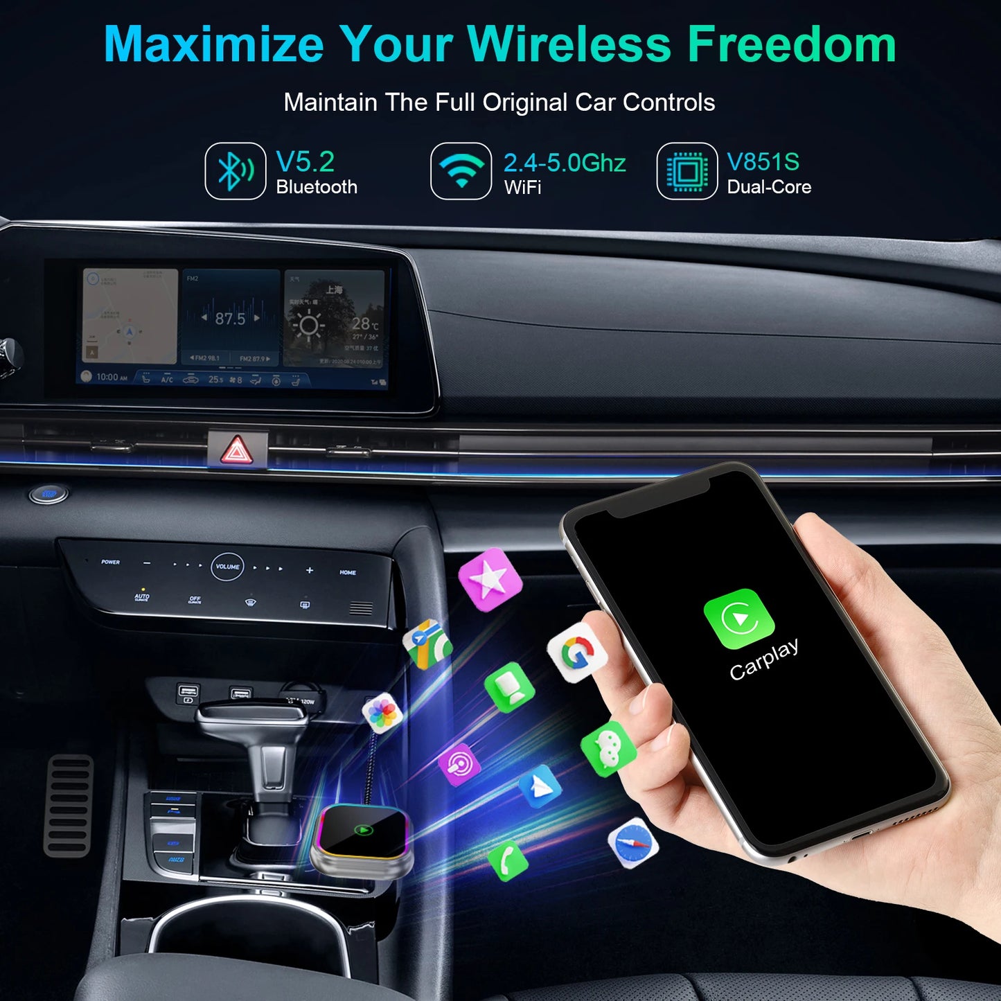 2025 New iPhone Wireless Carplay Adapter Mini Android Auto Adapter Plug & Play Apple Carplay Dongle Wifi Bluetooth Connected