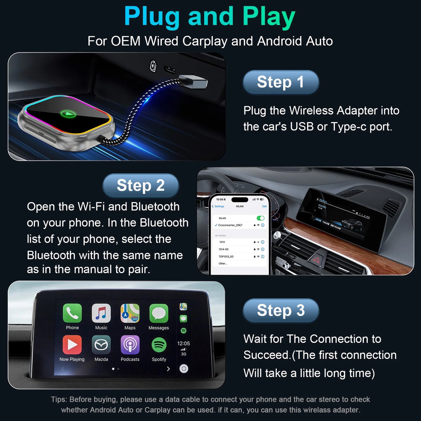 2025 New iPhone Wireless Carplay Adapter Mini Android Auto Adapter Plug & Play Apple Carplay Dongle Wifi Bluetooth Connected
