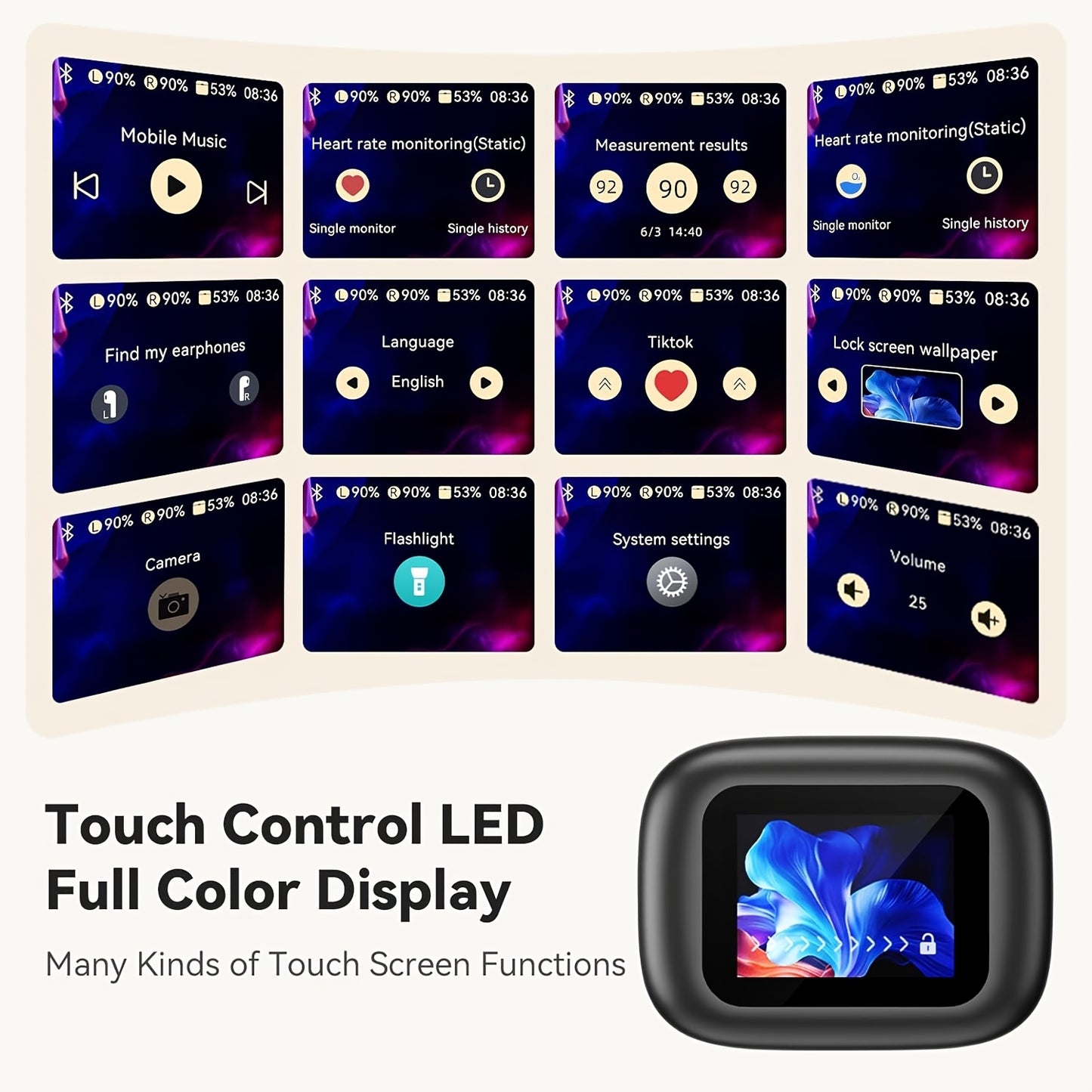 HTC NE61 New Heart Rate Monitoring Open Wireless Audio Earbuds, HIFI Audio Quality and HD Calls, LED Full-Color Touch Screen, Wireless 6.0 Earbuds,