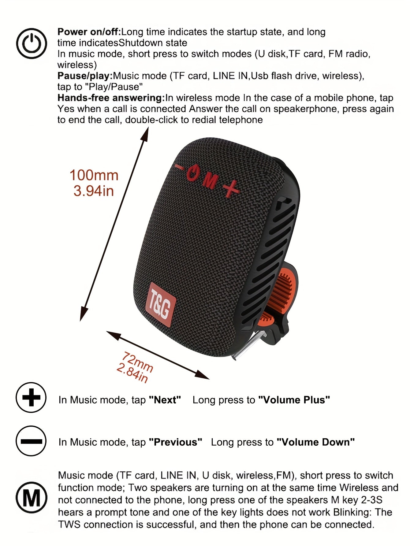 Outdoor Cycling Portable Speaker, a Compact Wireless Speaker for Cycling, Features IPX5 and TWS Capabilities. It Supports FM, TF Cards and USB Drives