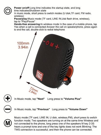 Outdoor Cycling Portable Speaker, a Compact Wireless Speaker for Cycling, Features IPX5 and TWS Capabilities. It Supports FM, TF Cards and USB Drives
