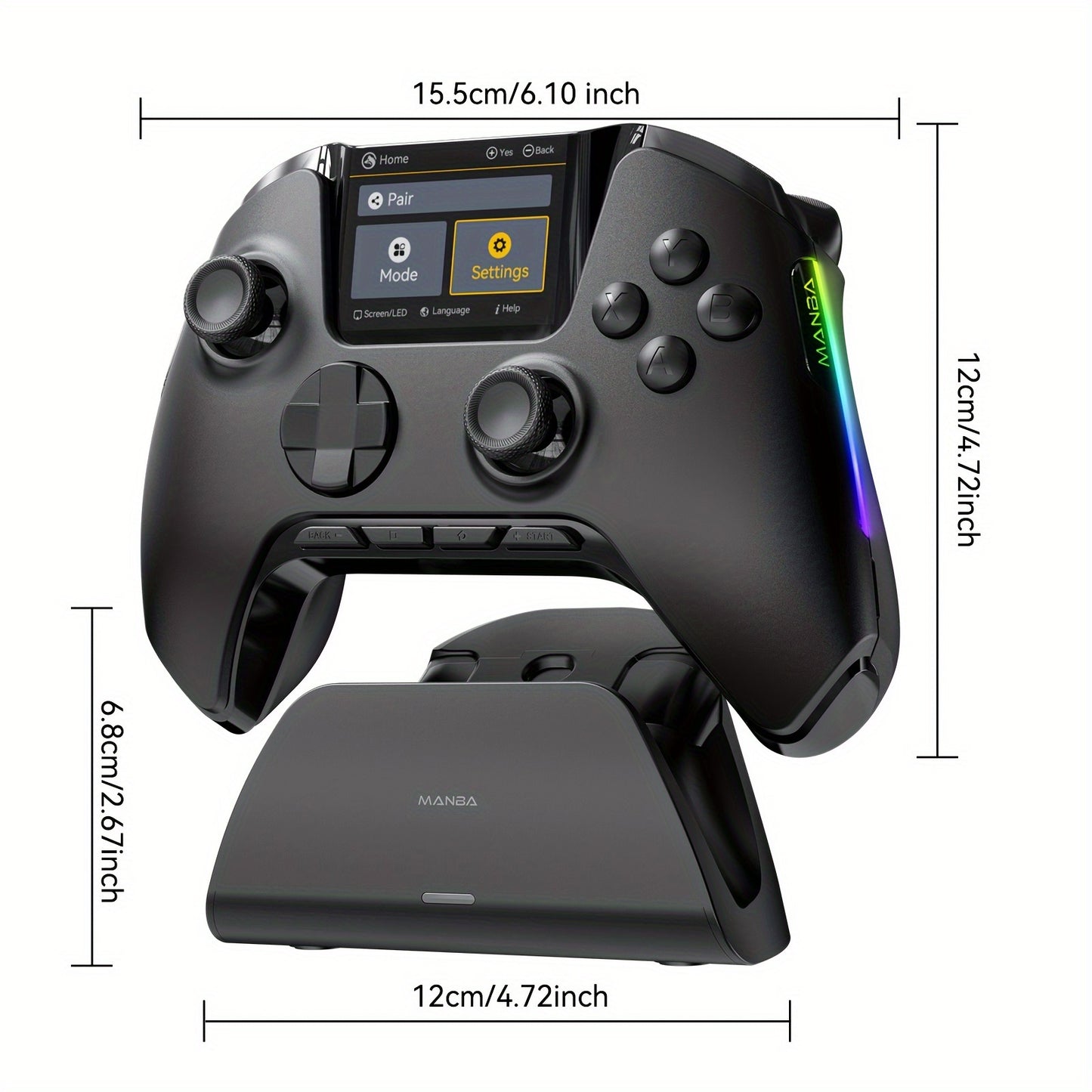 Interactive Screen Wireless Gaming Controller For PC/Switch/iOS/Android/Steam Deck, Hall Effect Stick & Trigger, RGB Lighting, Remappable Buttons, 1800mAh With Charging Dock -V2/Black(No Drift), [Notice]Not Compatible With Xb