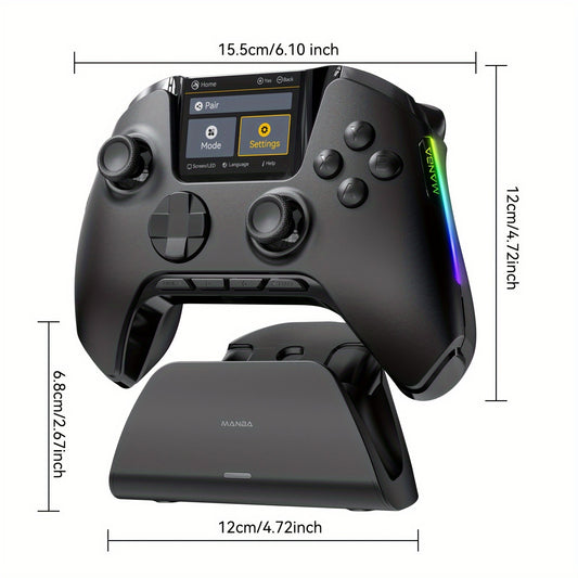 Interactive Screen Wireless Gaming Controller For PC/Switch/iOS/Android/Steam Deck, Hall Effect Stick & Trigger, RGB Lighting, Remappable Buttons, 1800mAh With Charging Dock -V2/Black(No Drift), [Notice]Not Compatible With Xb