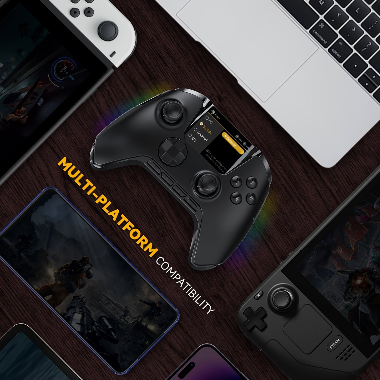 Interactive Screen Wireless Gaming Controller For PC/Switch/iOS/Android/Steam Deck, Hall Effect Stick & Trigger, RGB Lighting, Remappable Buttons, 1800mAh With Charging Dock -V2/Black(No Drift), [Notice]Not Compatible With Xb