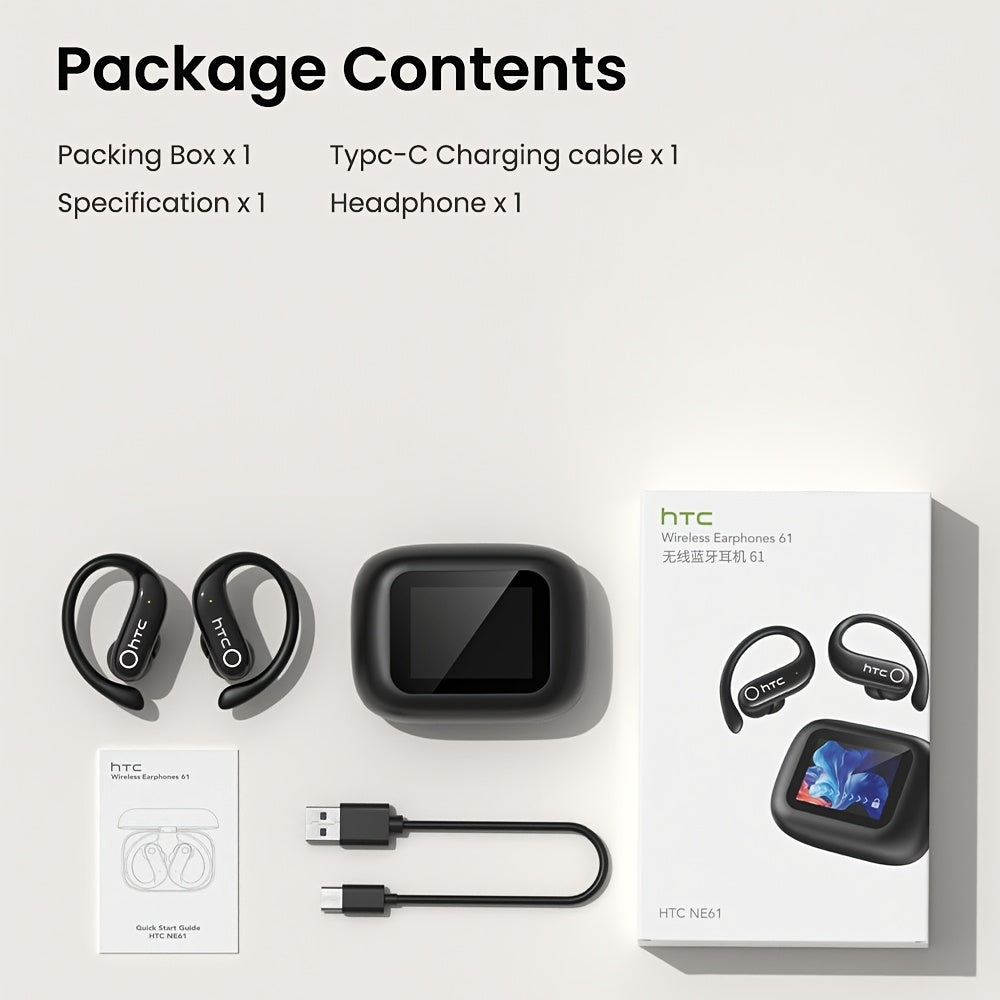 HTC NE61 New Heart Rate Monitoring Open Wireless Audio Earbuds, HIFI Audio Quality and HD Calls, LED Full-Color Touch Screen, Wireless 6.0 Earbuds,