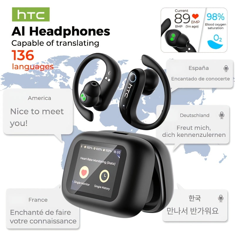 HTC NE61 New Heart Rate Monitoring Open Wireless Audio Earbuds, HIFI Audio Quality and HD Calls, LED Full-Color Touch Screen, Wireless 6.0 Earbuds,