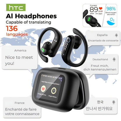 HTC NE61 New Heart Rate Monitoring Open Wireless Audio Earbuds, HIFI Audio Quality and HD Calls, LED Full-Color Touch Screen, Wireless 6.0 Earbuds,