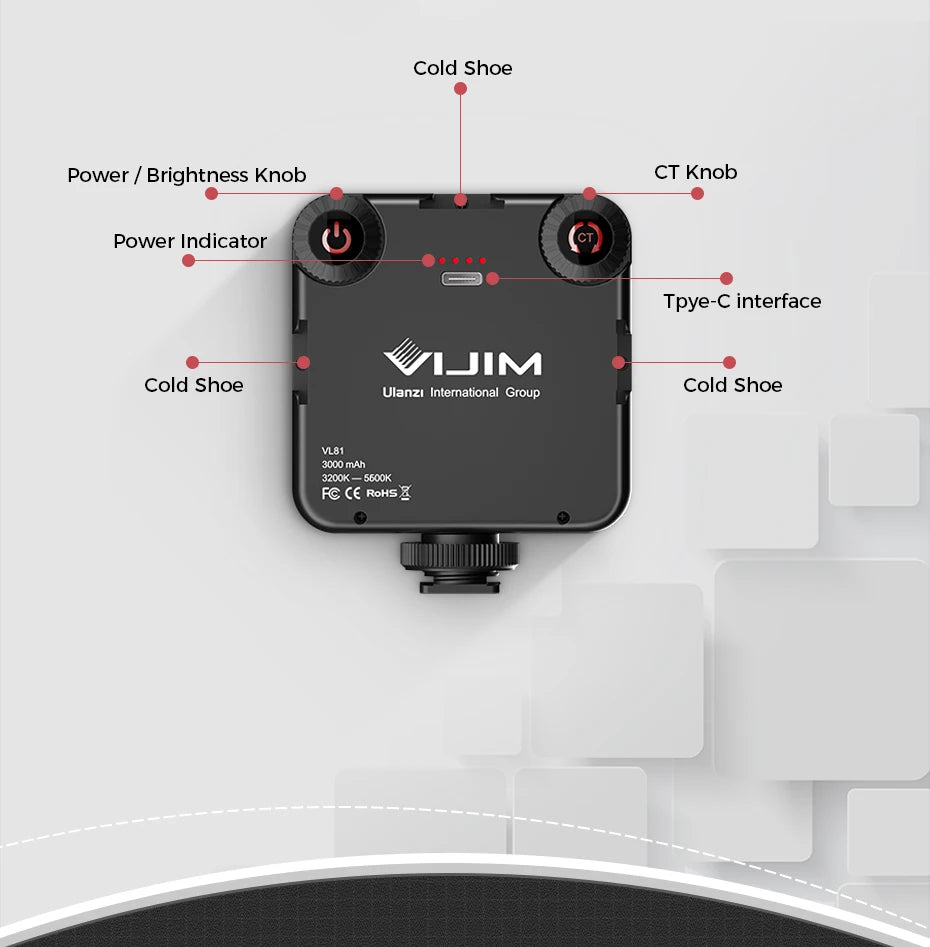 VIJIM VL81 LED Video Light Camera Light 3200-5600K 850LM 6.5W With Cold Shoe Mini Vlog Fill Light 3000mAh Panel Lamp Photography