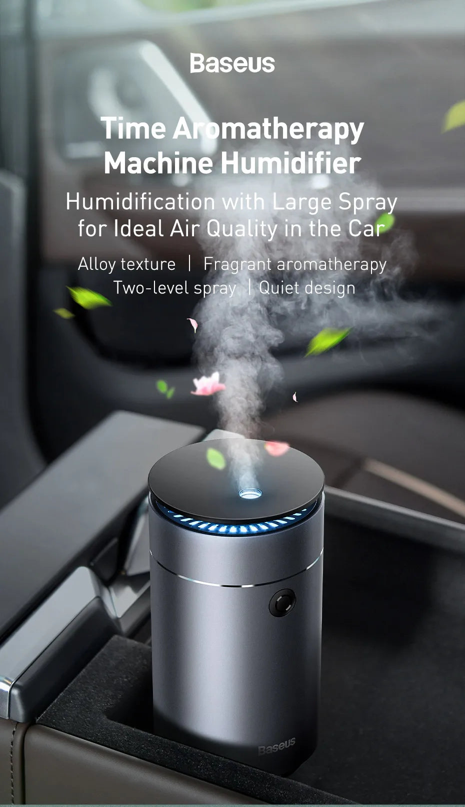 Baseus Car Oil Diffuser Humidifier Auto Air Purifier Air Freshener with LED Light For Car Aroma Aromatherapy