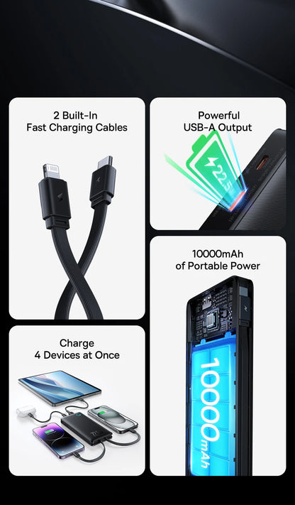 Baseus 22.5W Power Bank 10000mAh with Two Built-in Cables PD Fast Charging For iPhone 15 Pro Max, Charge 4 Devices at Once