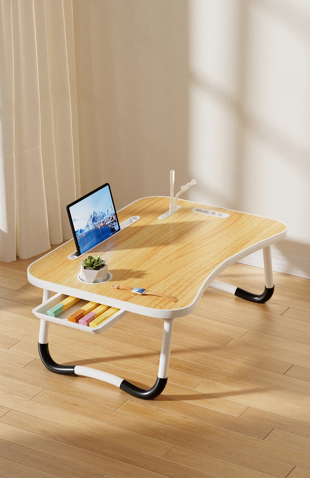 Portable Laptop Desk with USB Light, Small Fan, Cup Holder, Tablet Slot, and Lifting Handle - Foldable Laptop Table for Working,
