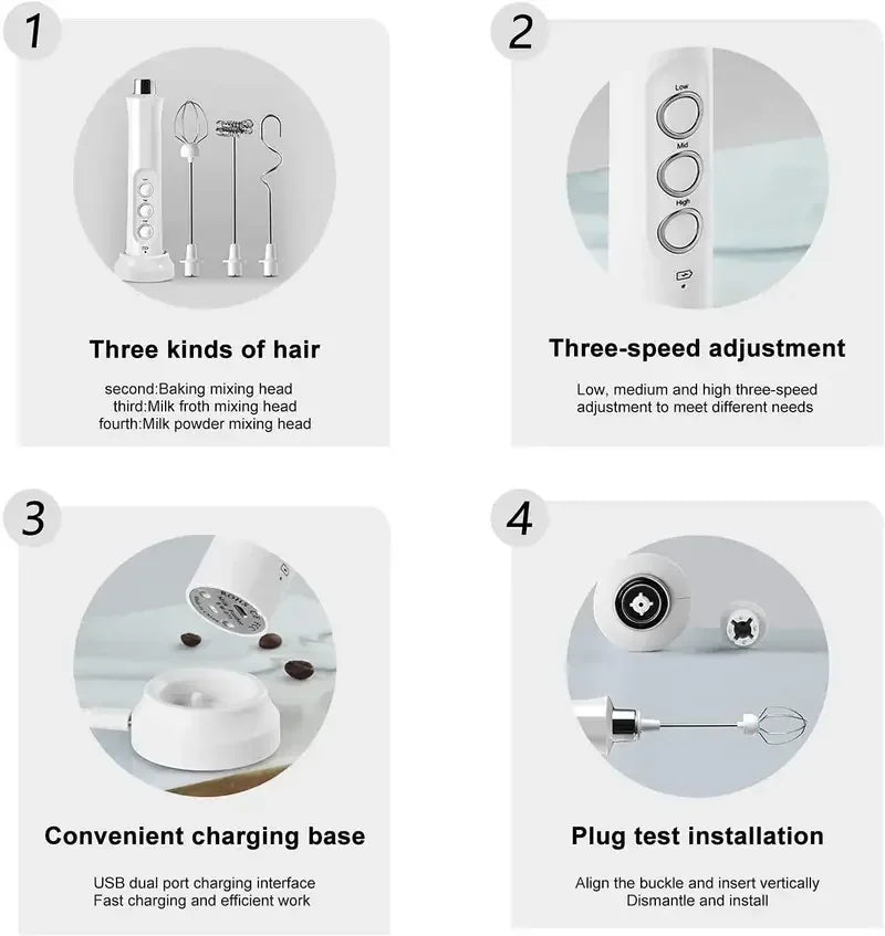 Rechargeable Electric Milk Frother - 3 Speeds, Handheld Foam Maker for Latte, Cappuccino, Hot Chocolate - USB