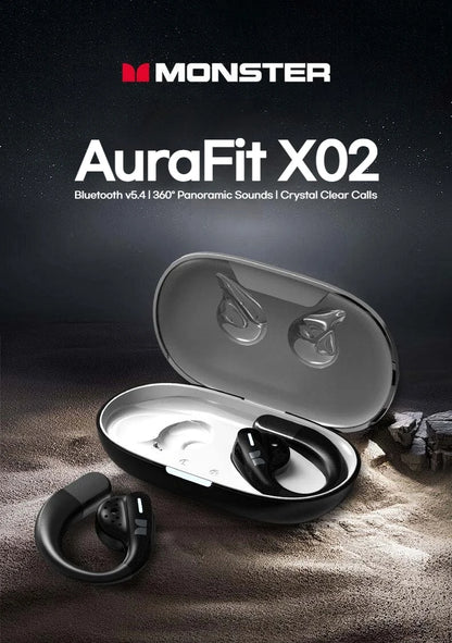Monster AuraFit X02 Open Ear Bluetooth 5.4 Earphones 360° Stereo Sound Air Conduction Headphones OWS Bluetooth Ear Hook Ear Buds