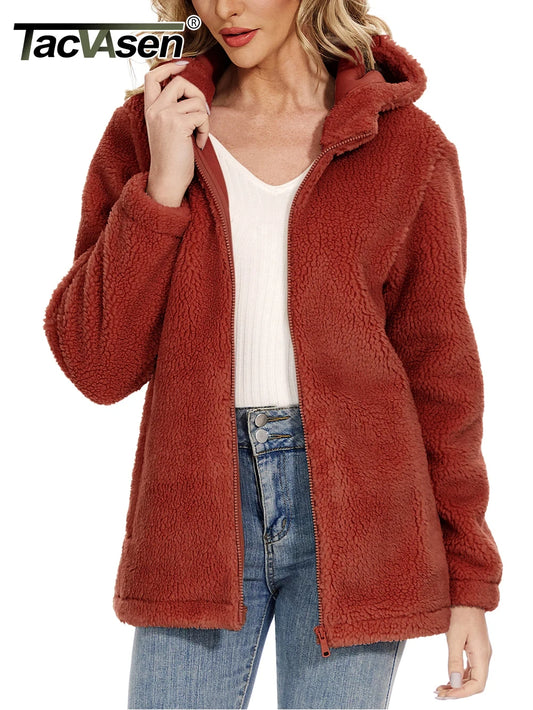 Causal Hooded Fleece Coat Womens Casual Jacket Soft Heavy Fuzzy Sherpa Hoodies Ladies Outwear Warm Fluffy Overcoat Tops