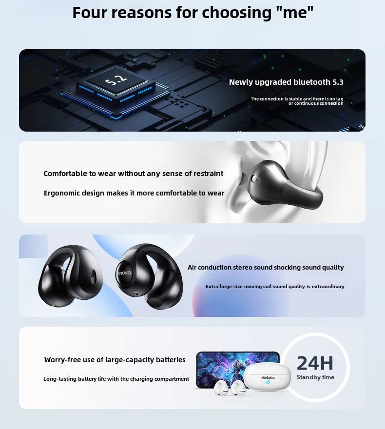 Erazer XT83 II Ear Clip TWS Wireless Headphones Bluetooth 5.2 Earphones Touch Control HD Call Earbuds Sports Headset with Mic