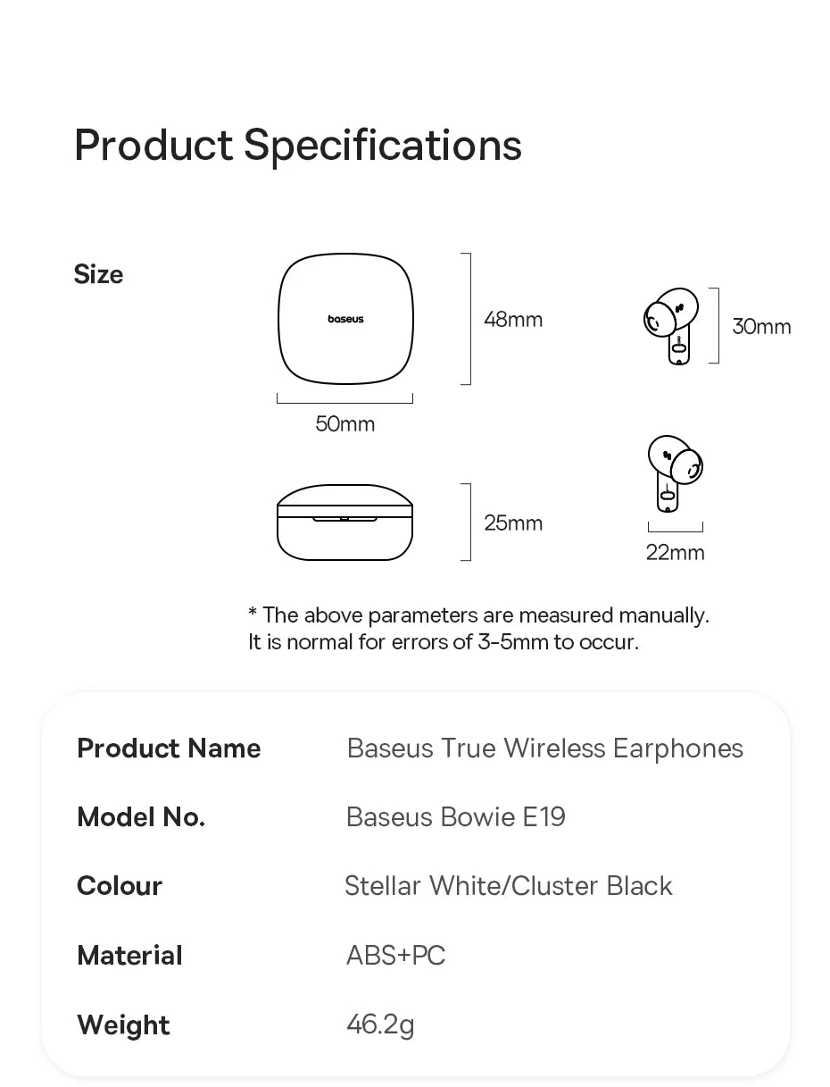 Baseus Bowie E19 Wireless Earphones Bluetooth 5.3 Big Bass 12mm Drivers IPX5 Earbuds 33Hrs Battery Life Headphones