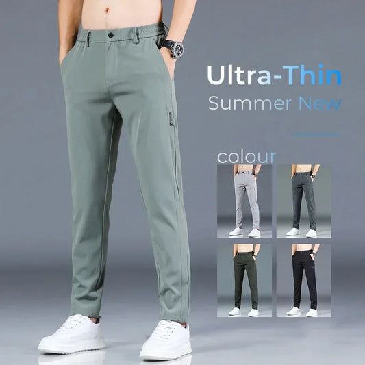 Summer Thin Silk Men's Stretch Pants Casual Elastic Waist Smooth Trouser Pants Clothing