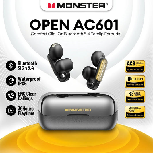 Monster OPEN AC601 Earclip TWS  Clip on Earbuds Bluetooth 5.4 Headphone Water-resistant Headset