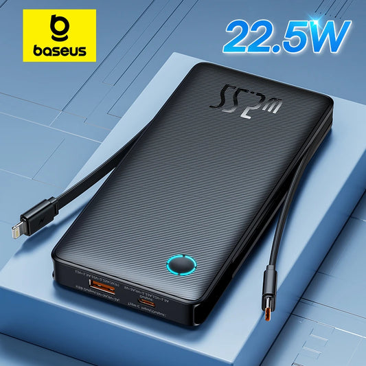 Baseus 22.5W Power Bank 10000mAh with Two Built-in Cables PD Fast Charging For iPhone 15 Pro Max, Charge 4 Devices at Once