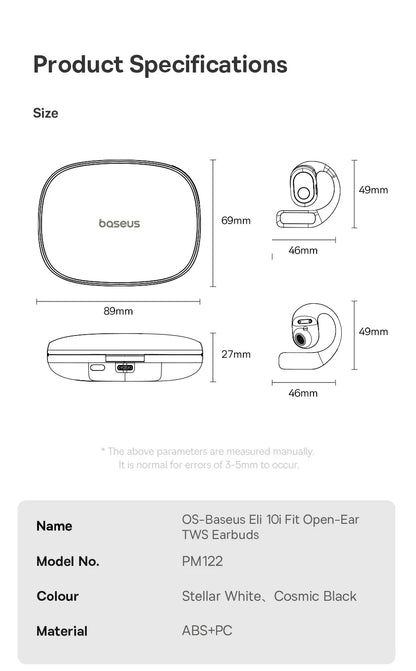 Baseus Eli 10i Fit Open-Ear Earphones Ear Hooks Wireless Bluetooth 5.4 Headphones IP54 Waterproof Air conduction Sports Earbuds