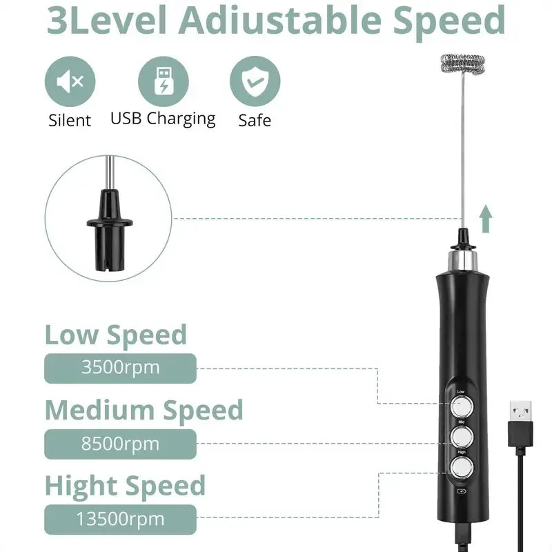 Rechargeable Electric Milk Frother - 3 Speeds, Handheld Foam Maker for Latte, Cappuccino, Hot Chocolate - USB