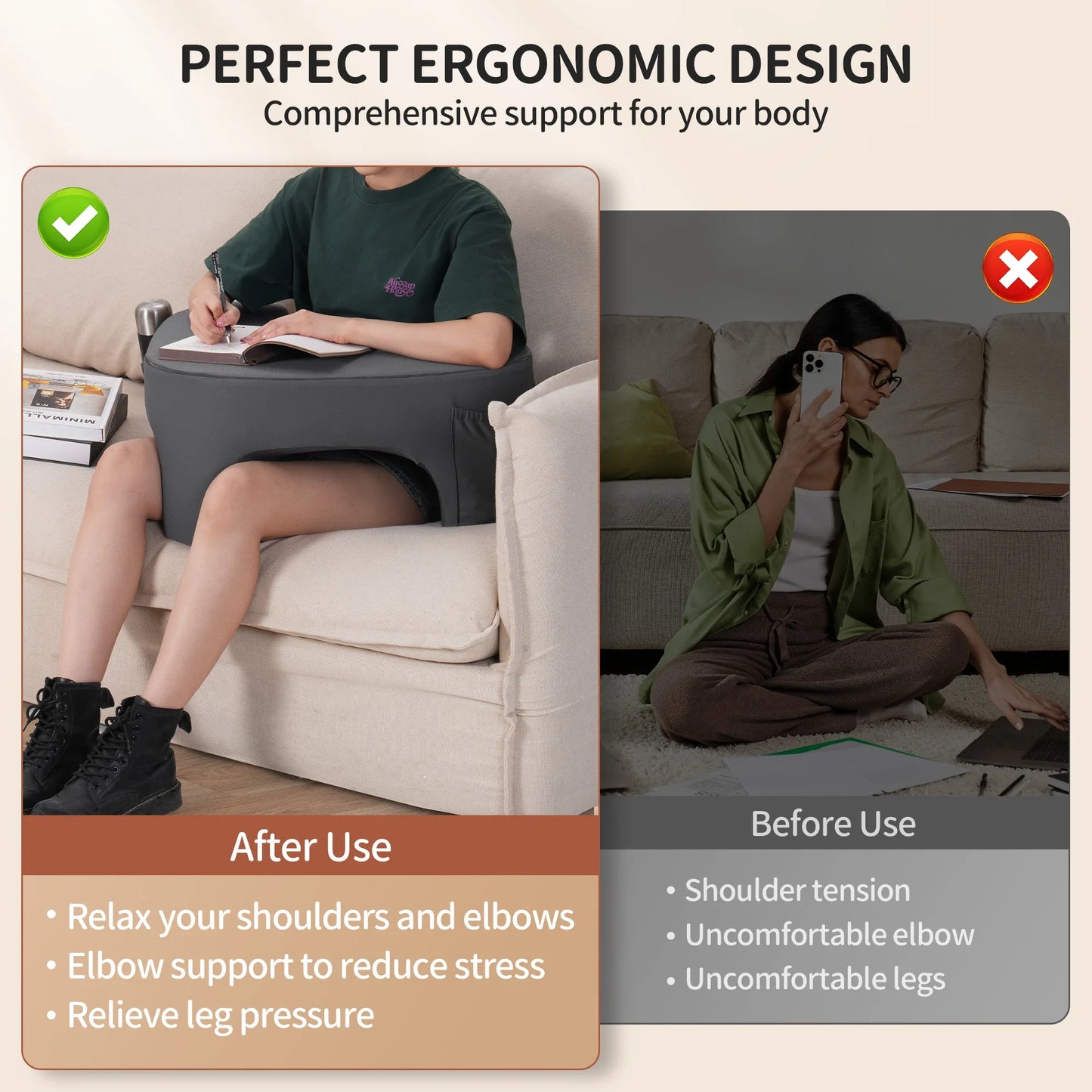 Gaming Reading Pillow Ergonomic Soft Memory Foam 3 Legs Bed Arm Rest Pillow for Couch Car Floor Grey Bed Reading Arm Rest Pillow