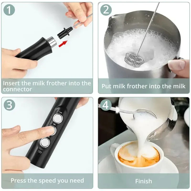 Rechargeable Electric Milk Frother - 3 Speeds, Handheld Foam Maker for Latte, Cappuccino, Hot Chocolate - USB