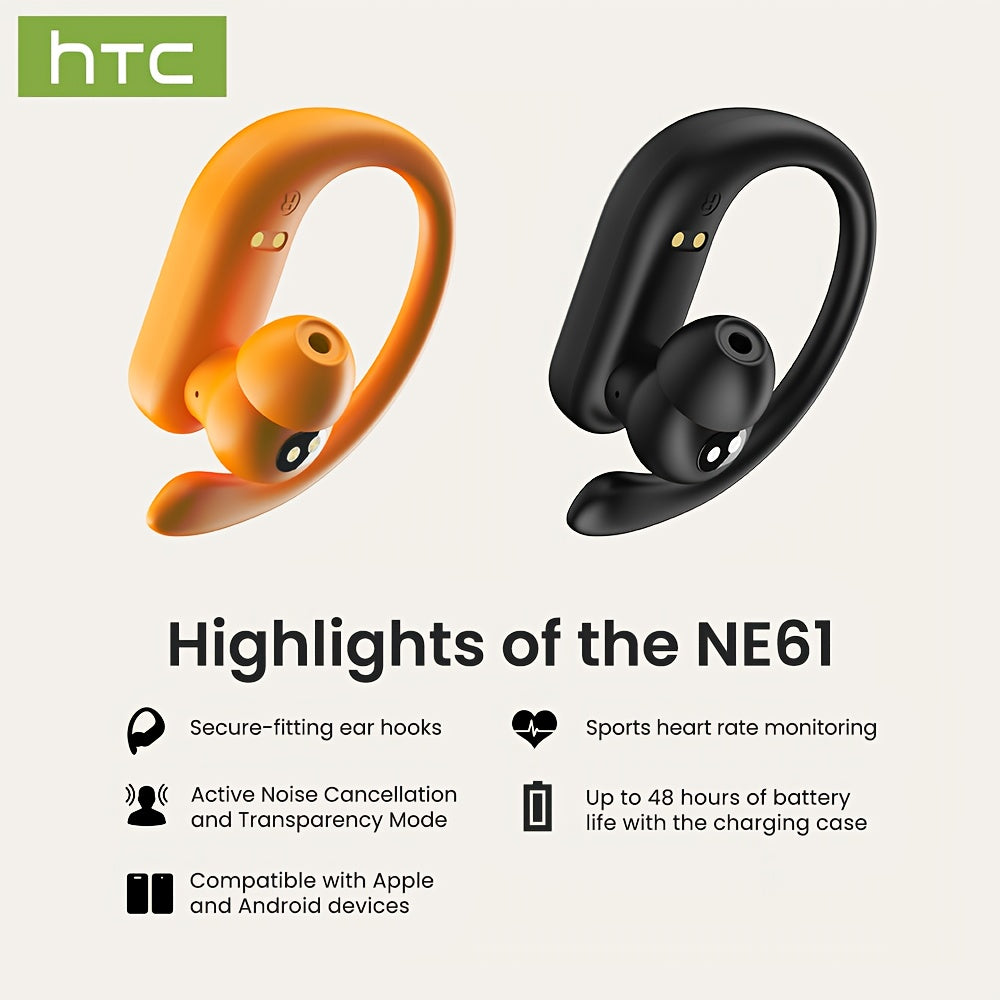 HTC NE61 New Heart Rate Monitoring Open Wireless Audio Earbuds, HIFI Audio Quality and HD Calls, LED Full-Color Touch Screen, Wireless 6.0 Earbuds,
