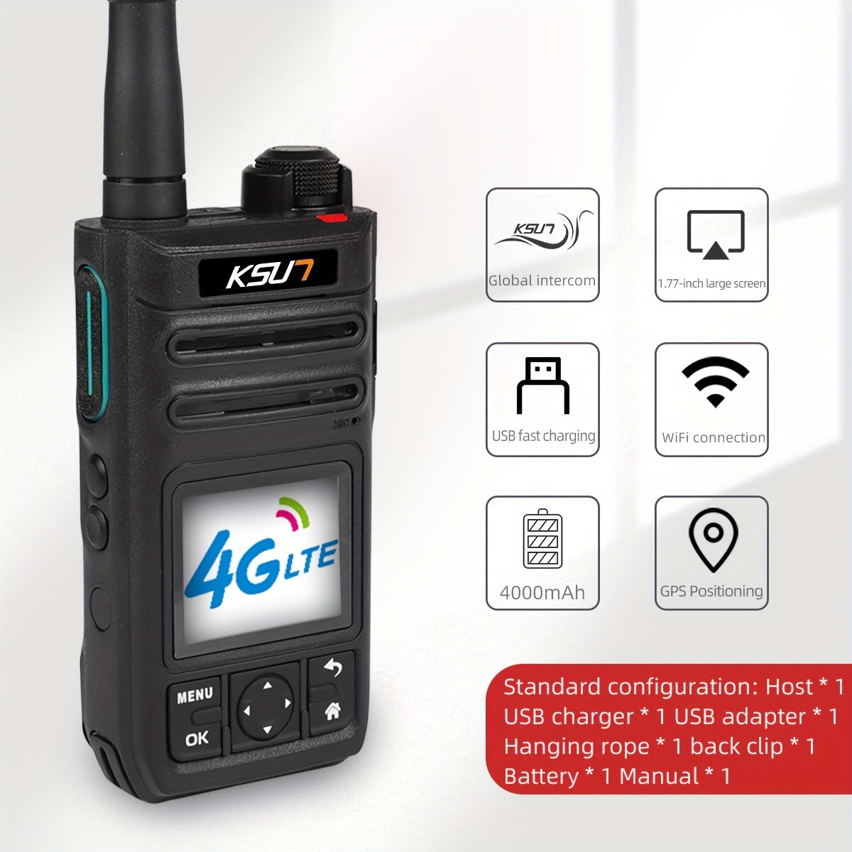 KSUN 4G Network Radio WiFi PTT Button 1.77 Inch Screen Walkie Talkies Long Range 5000 Miles For Zello (1pc, Black, No Sim Card)