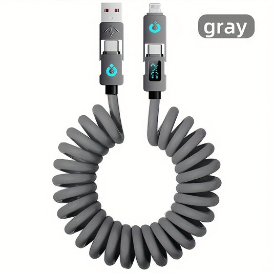 High Quality 4-In-1 High-Speed Charging Data Cable, 240W 5A Universal Real-Time Digital Display Elastic Extension Made of Silicone Material with Smooth Surface Male Connector to Male Connector USB Input Lightning