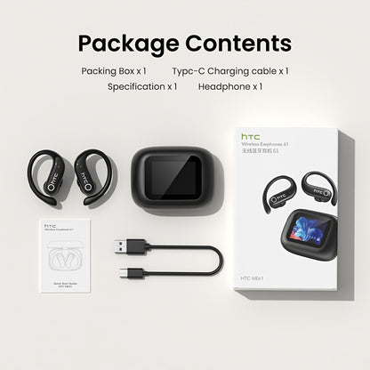 HTC NE61 New Heart Rate Monitoring Open Wireless Audio Earbuds, HIFI Audio Quality and HD Calls, LED Full-Color Touch Screen, Wireless 6.0 Earbuds,