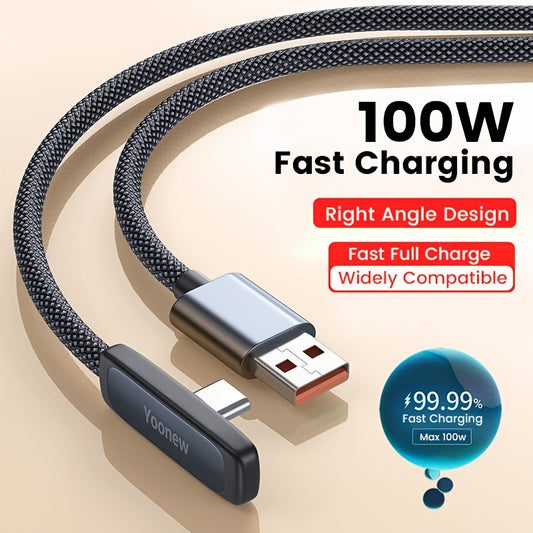 100W Fast Charging USB C Phone Charger Cable | PD Type-C to Type-C, 90 Degree Elbow, PVC, Oxygen-Free Copper Core, Supports Data Transmission, Compatible with iPhone, Samsung, Pixel